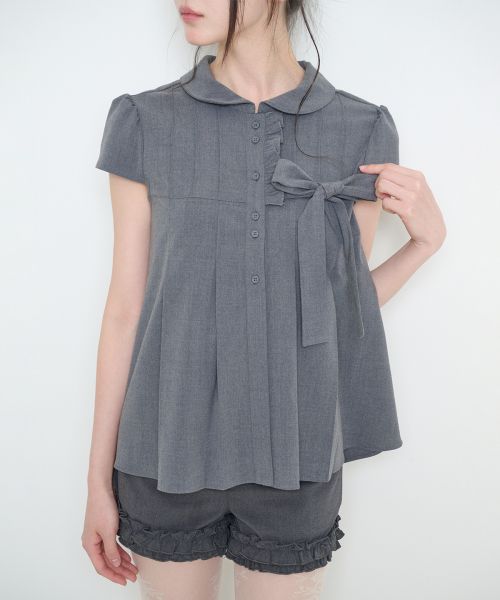 Lookbook (W) Iligo 褶飾短袖蝴蝶結襯衫 灰色 26SMTOP32GY