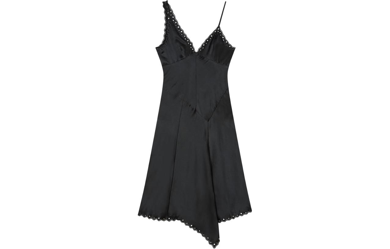 (Women) ISABEL MARANT  Black Eyelet Detail Asymmetric Ruffle V-Neck Midi Dress RO0351FAB1J07I-01BK