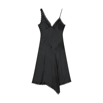 (Women) ISABEL MARANT Black Eyelet Detail Asymmetric Ruffle V-Neck Midi Dress RO0351FAB1J07I-01BK