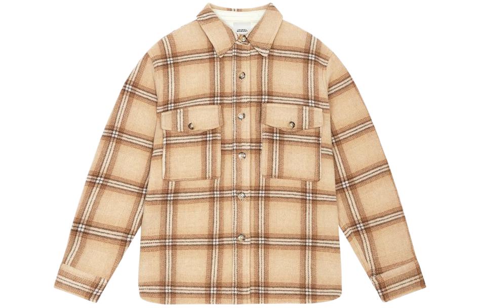 (Women) ISABEL MARANT  Camel Plaid Single-Breasted Oversized Long Sleeve Jacket MA0246FAB1D06I-50CM