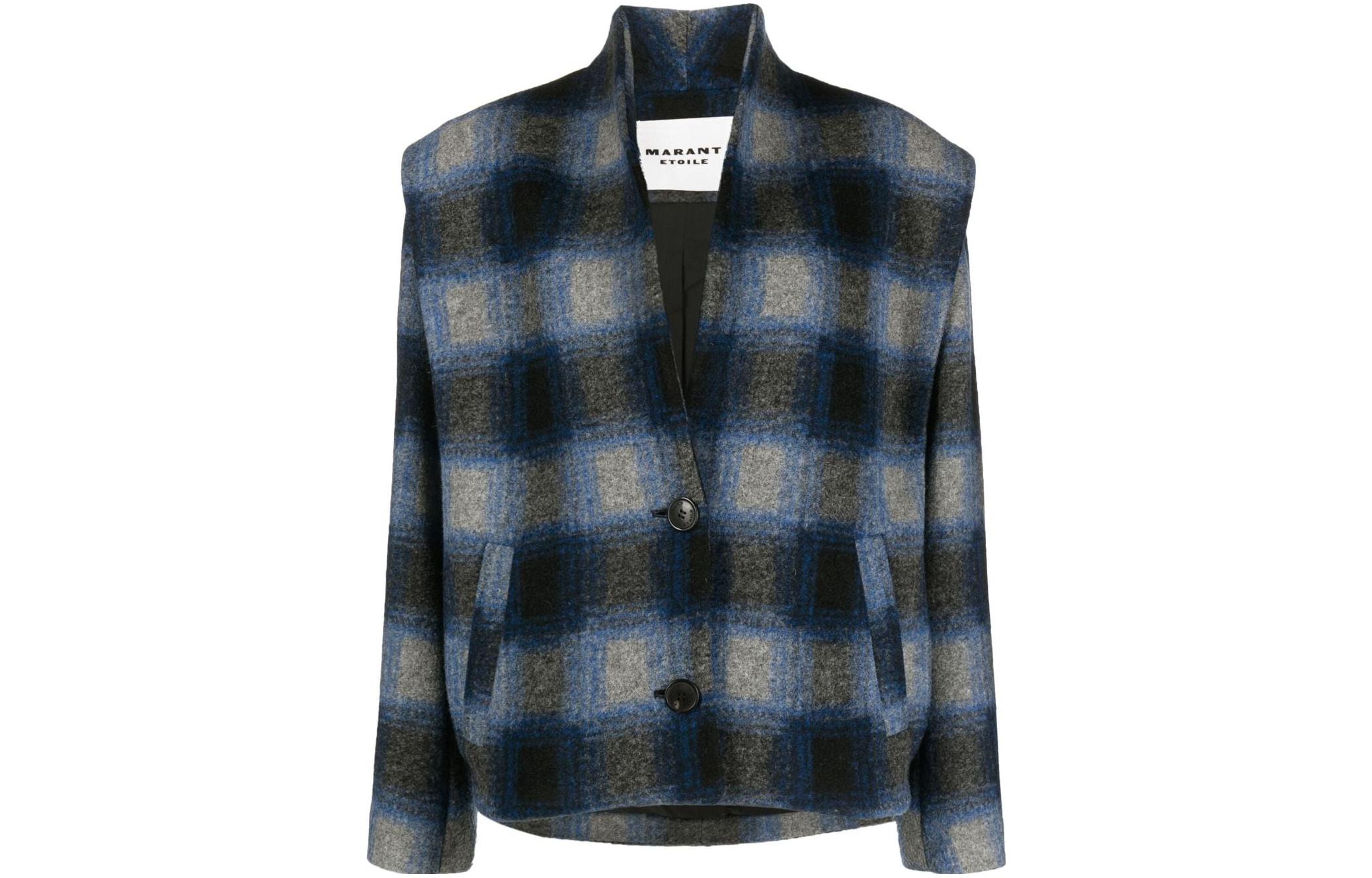 (Women) ISABEL MARANT ÉTOILE Women’s Navy Blue Plaid V-Neck Buttoned Jacket VE0040FAA3D27E-30NA