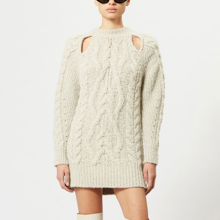 Shop (W) ISABEL MARANT FW23 NAZAE Gaun Lengan Panjang Rajut Wanita Abu-abu Muda Gaya Elegan. RO0252FAA3L63I-02LY