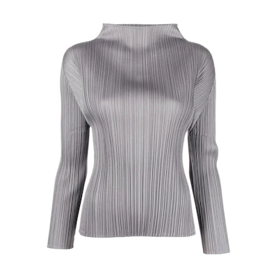 (Women) ISSEY MIYAKE FW22 Gray Pleated High-Neck Long-Sleeve Shirt PP28JK104-12