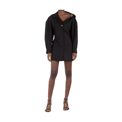 (Women) Jacquemus Black Long-Sleeve Solid Waist-Tie Oversized Pocket Dress 24E241DR094-1519990