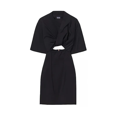 (Women) Jacquemus Black Minimalist V-Neck Slim Fit Short Sleeve Dress. 241DR088-2003-990