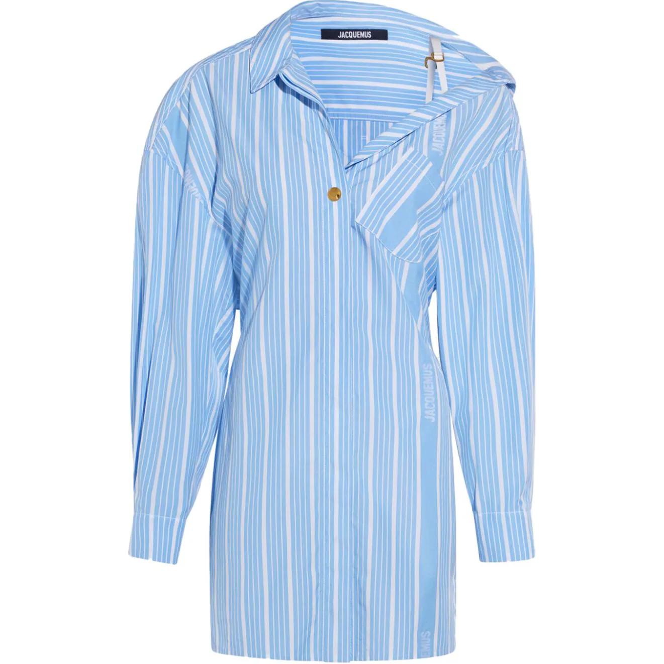 Order (W) Jacquemus Dress Biru Garis Asimetris Lengan Panjang Kancing Depan. 243DR0941691-3EV