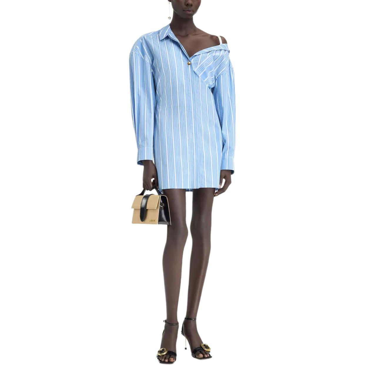 Shop (W) Jacquemus Dress Biru Garis Asimetris Lengan Panjang Kancing Depan. 243DR0941691-3EV