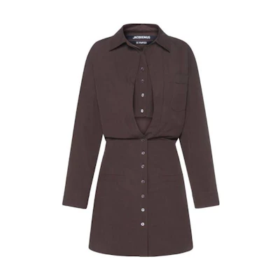 (Women) Jacquemus Brown Solid Long Sleeve Cut-Out Shirt Dress. 221DR0121068850