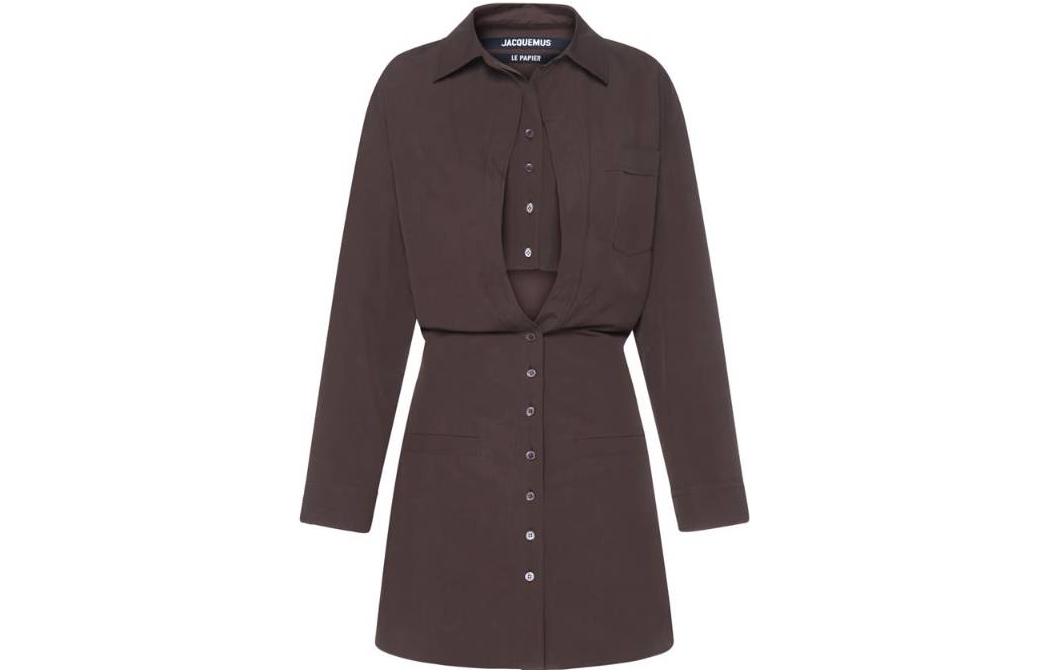 Order (W) Jacquemus Brown Solid Long Sleeve Cut-Out Dress Kemeja Wanita. 221DR0121068850