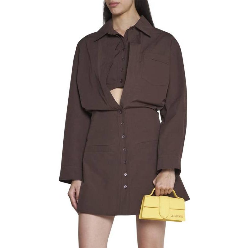 Shop (W) Jacquemus Brown Solid Long Sleeve Cut-Out Dress Kemeja Wanita. 221DR0121068850