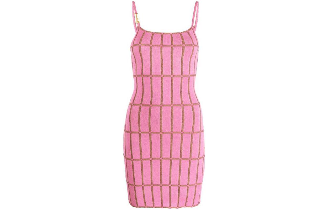 (Women) Jacquemus  Pink Checkered Spaghetti Strap Crop Dress. 231KN1382288430