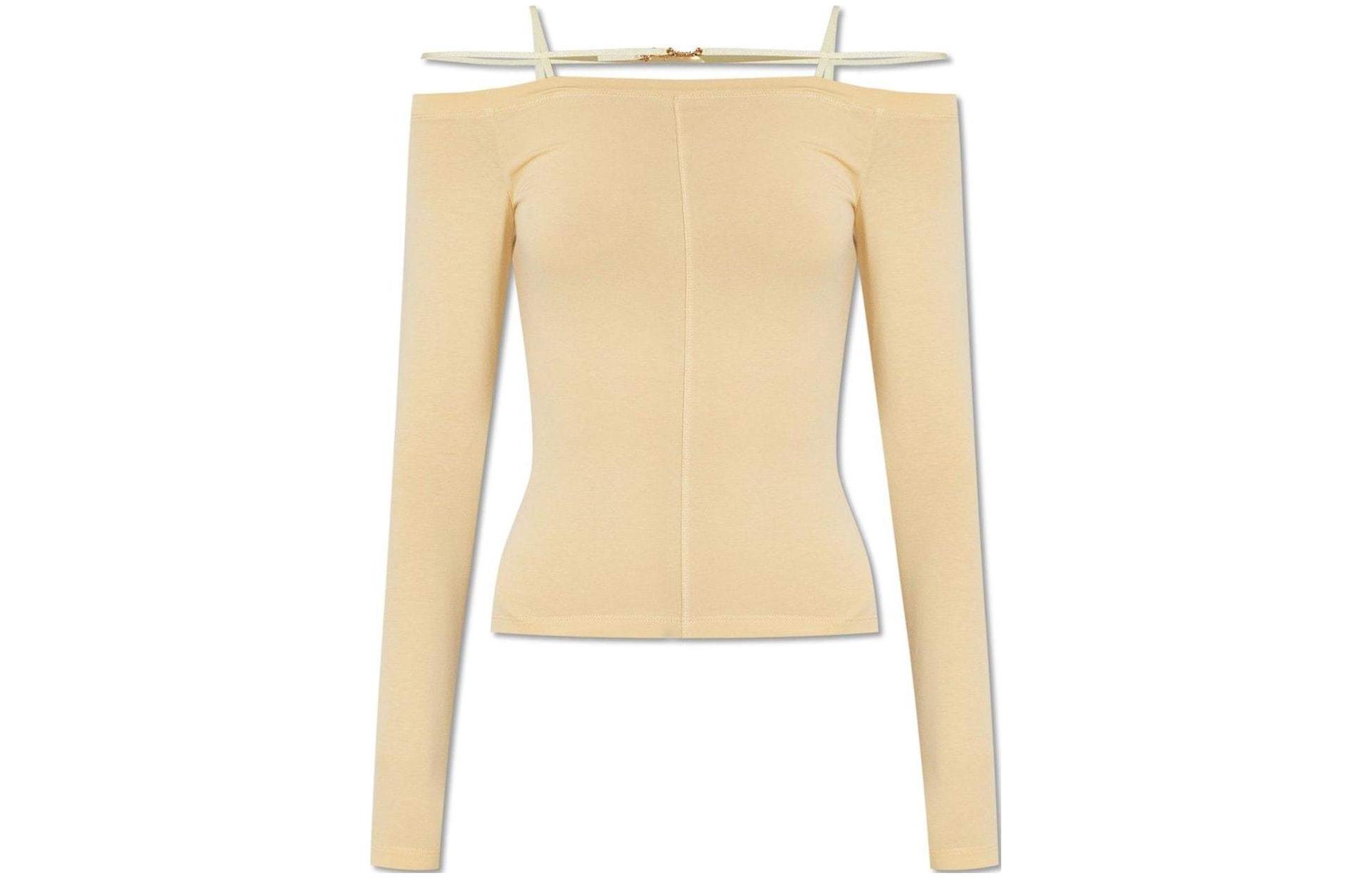 (Women) Jacquemus Solid Off-Shoulder Slim Long-Sleeve T-Shirt Women Beige SS24. 233JS1652313115