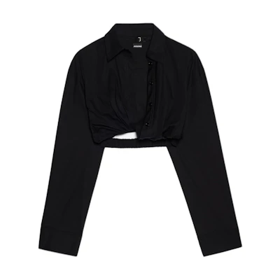 (Women) Jacquemus Twisted Oversized Long Sleeve Cropped Shirt Women’s Black. 233SH042-1452-990