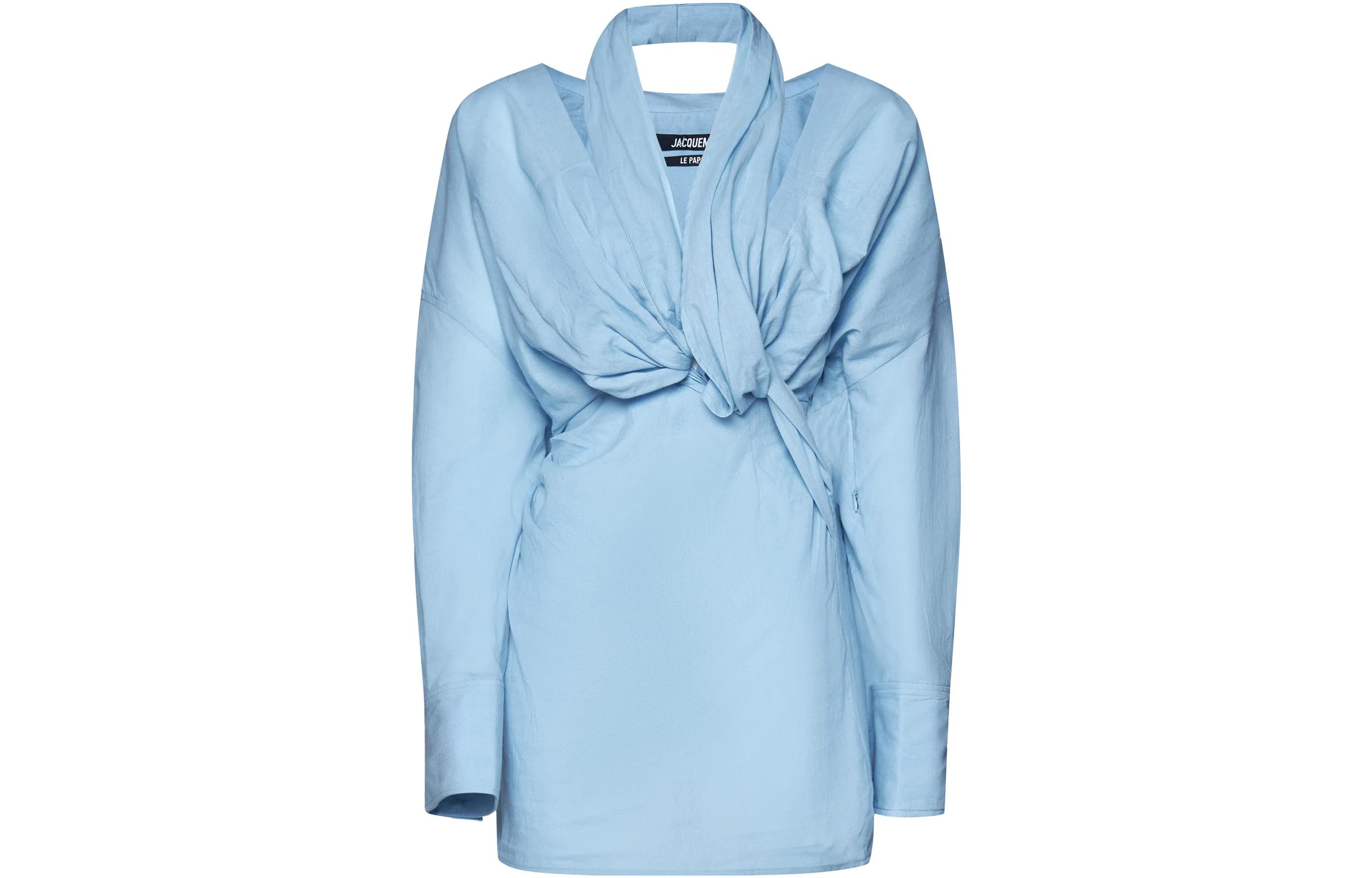 (Women) Jacquemus W22  Blue Ruched Collared Long Sleeve Mini Dress. 223DR0331061320