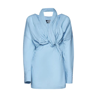 (Women) Jacquemus W22 Blue Ruched Collared Long Sleeve Mini Dress. 223DR0331061320