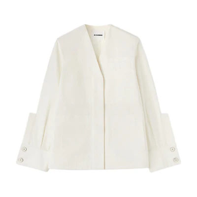 (Women) JIL SANDER Oversized White V-Neck Long Sleeve Shirt. J02BN0154J45007102