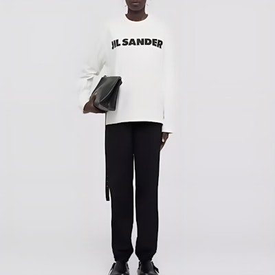 (Women) JIL SANDER FW23 White Crewneck Long Sleeve Tee with Letter Print. J02GC0107J45047 Lookbook (Women) JIL SANDER FW23 White Crewneck Long Sleeve Tee with Letter Print. J02GC0107J45047