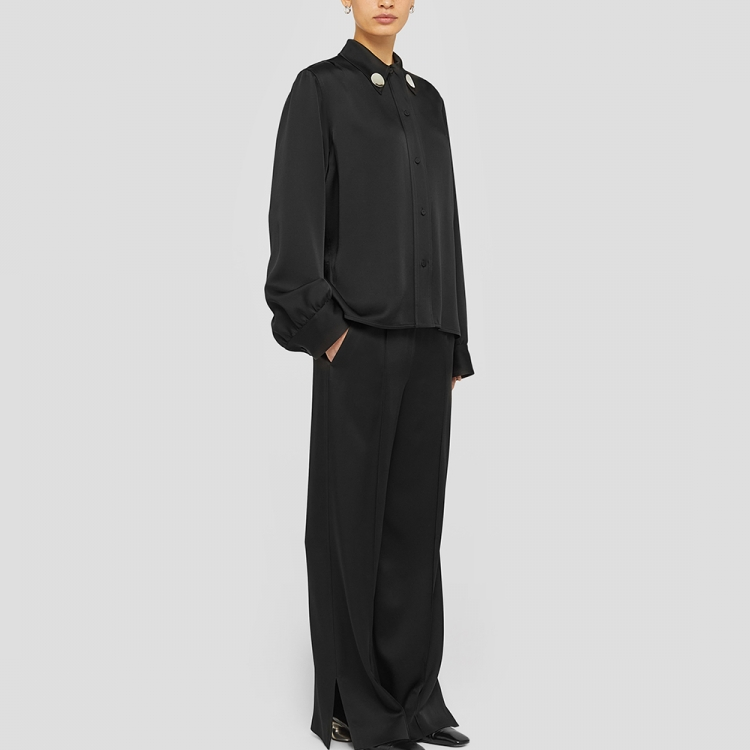 Shop (Women) Jil Sander FW24  Black Long-Sleeve Solid Color Collared Shirt J02DL0217-J76018-001
