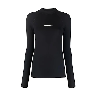 (Women) JIL SANDER SS22 Black Long Sleeve Polo with Logo Print and Stitch Detail JPPU7835-20WU478-008