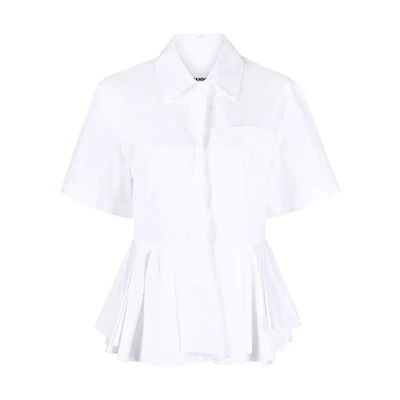 (Women) Jil Sander SS22 White Ruffle Short Sleeve Shirt JSPU601755-WU245200-100