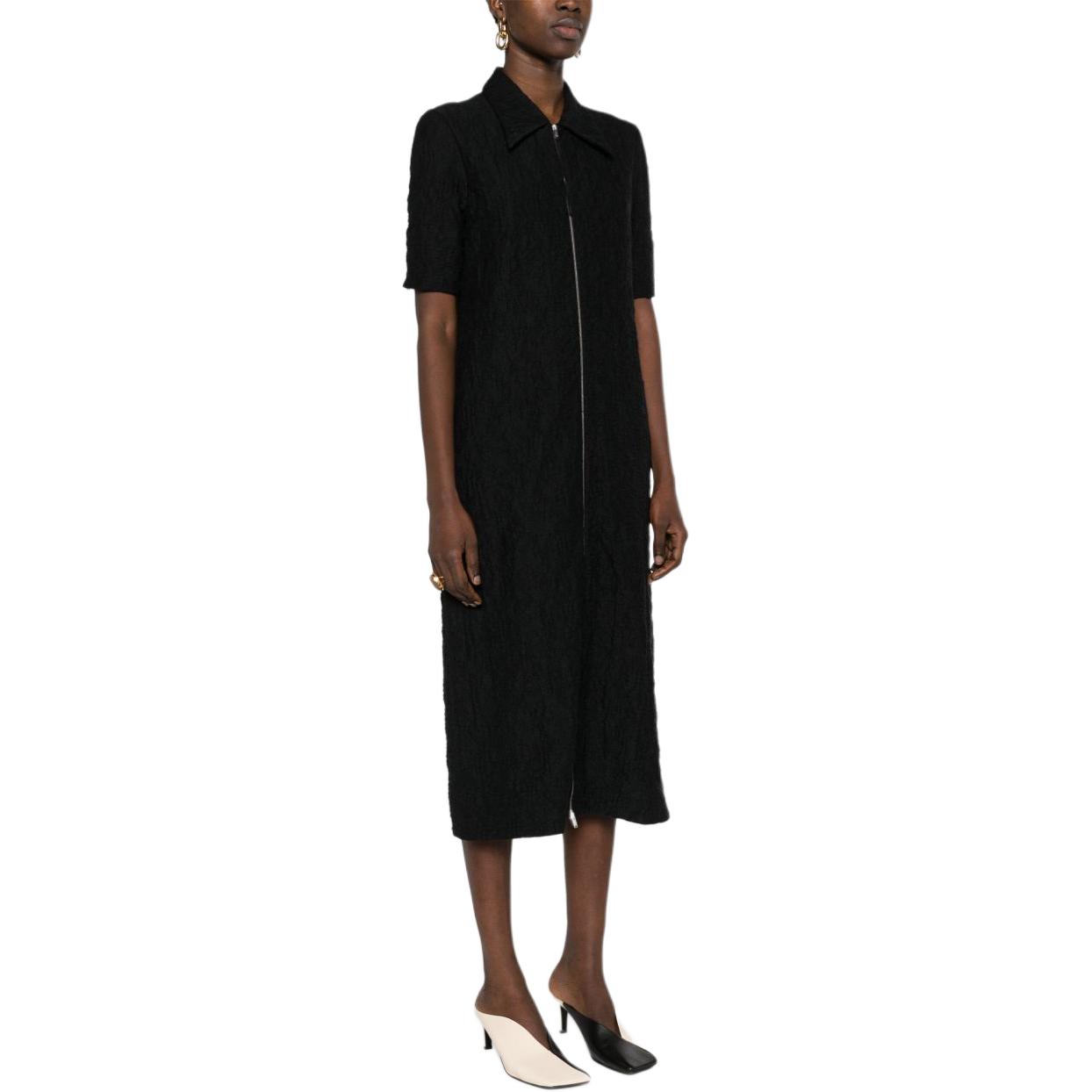 Shop (Women) Jil Sander SS24  Black Textured Zip-Up Short Sleeve Dress. J02CT0340J20138-BLACK