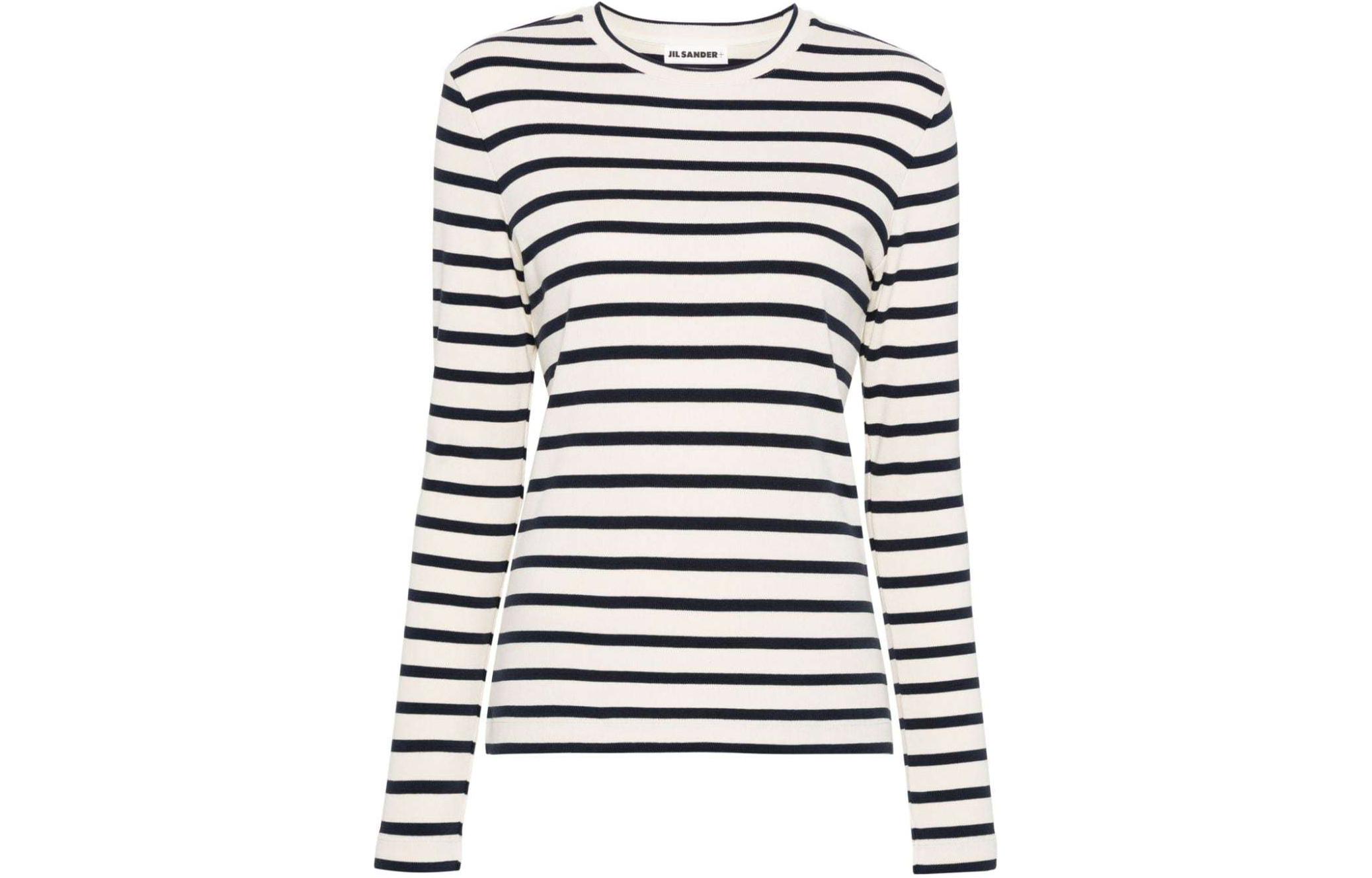 (Women) JIL SANDER Striped Crewneck Long Sleeve Drop Shoulder Tee Ivory Women SS24. J40NH0003J46497-WHITE