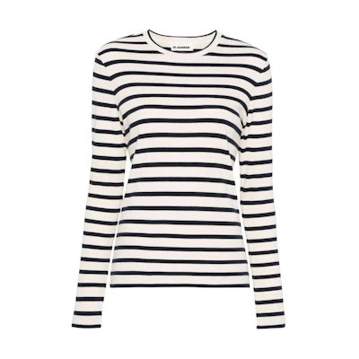 (Women) JIL SANDER Striped Crewneck Long Sleeve Drop Shoulder Tee Ivory Women SS24. J40NH0003J46497-WHITE
