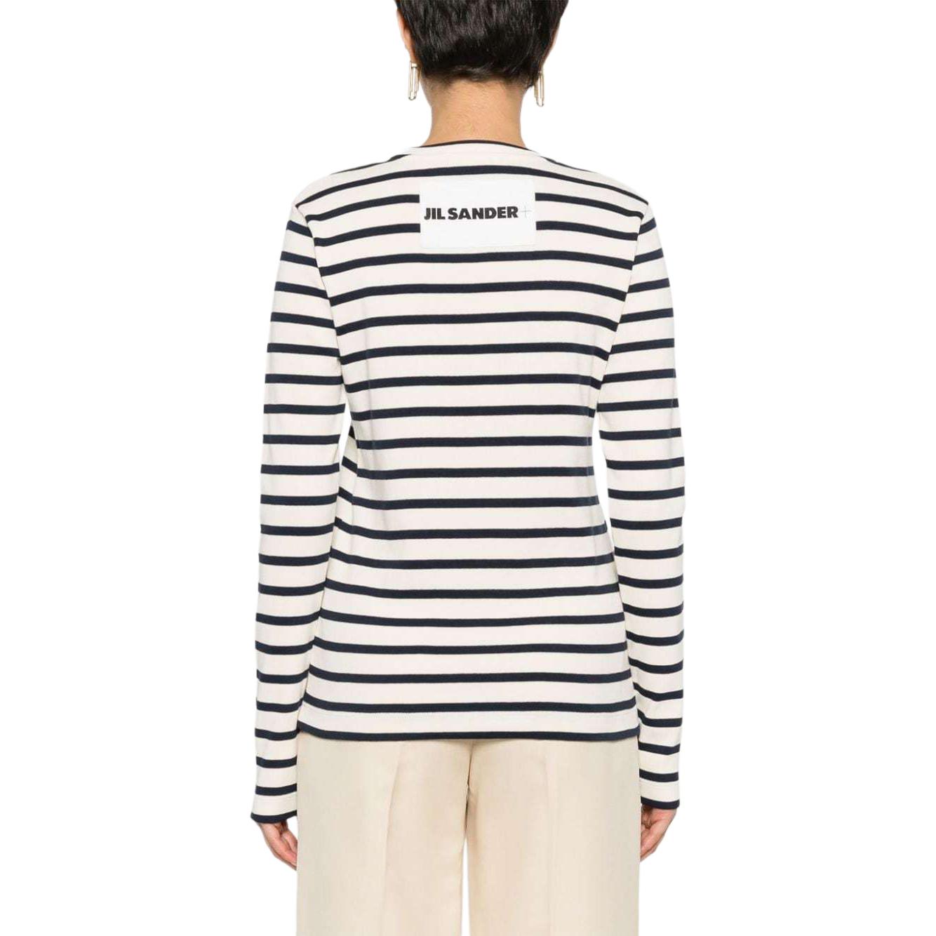 Shop (W) JIL SANDER 条纹圆领长袖宽肩T恤 象牙白 女款 SS24. J40NH0003J46497-WHITE
