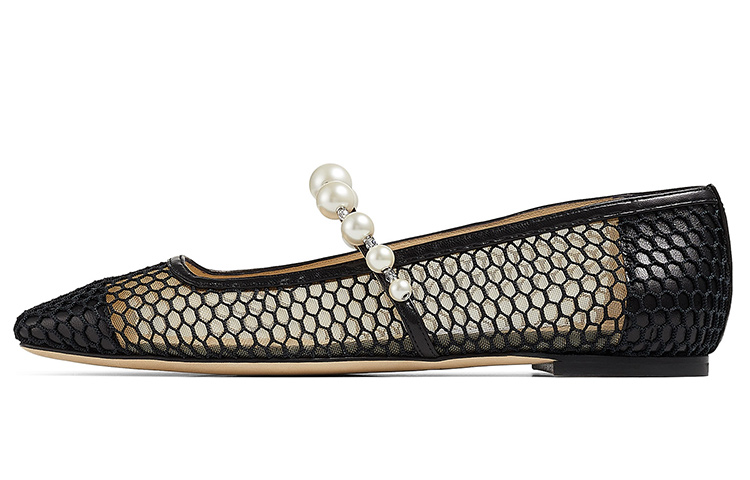(Women) Jimmy Choo Ade Ade Black Leather Pearl Strap Flat Casual Shoes ADEFLATNHD Black