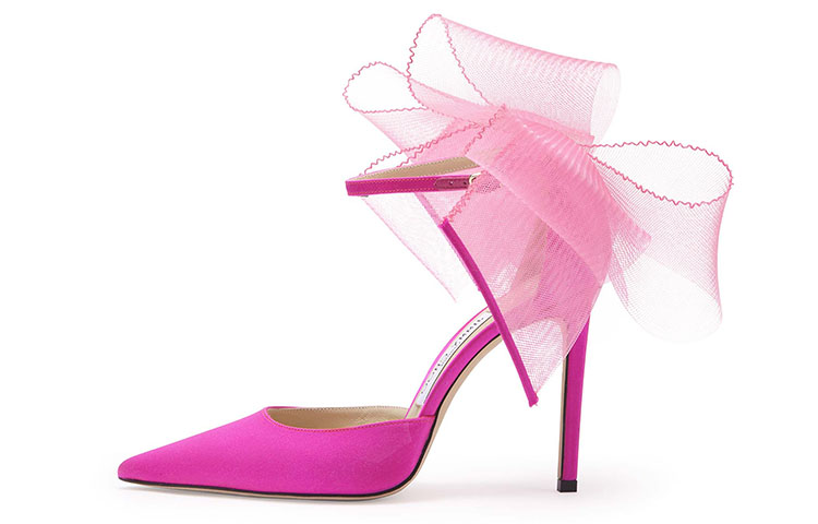 (Women) Jimmy Choo Averly 100 Asymmetric Mesh Heels Pink Stiletto AVERLY100BAV in Peach Pink Color