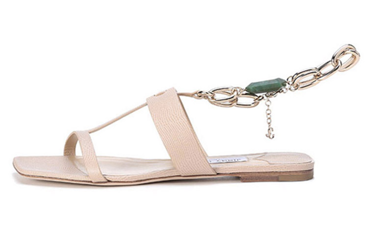 (Women) Jimmy Choo Beige Leather Strappy Sandals - Comfortable & Versatile REEDFLATBAX Barley Color