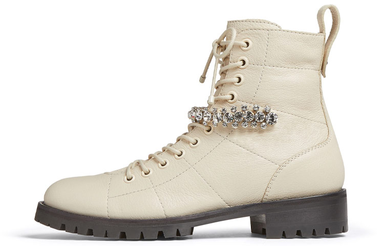 (Women) Jimmy Choo Cruz Flat Pebbled Leather Fashion Combat Boots Women’s Off-White CRUZFLATGTC Off-White