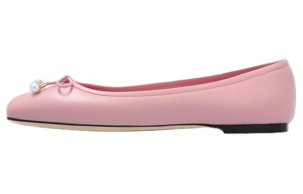 (Women) Jimmy Choo Elme Pink Leather Pearl Bow Flats 1cm Casual Shoes ELMEFLATNAPROSE