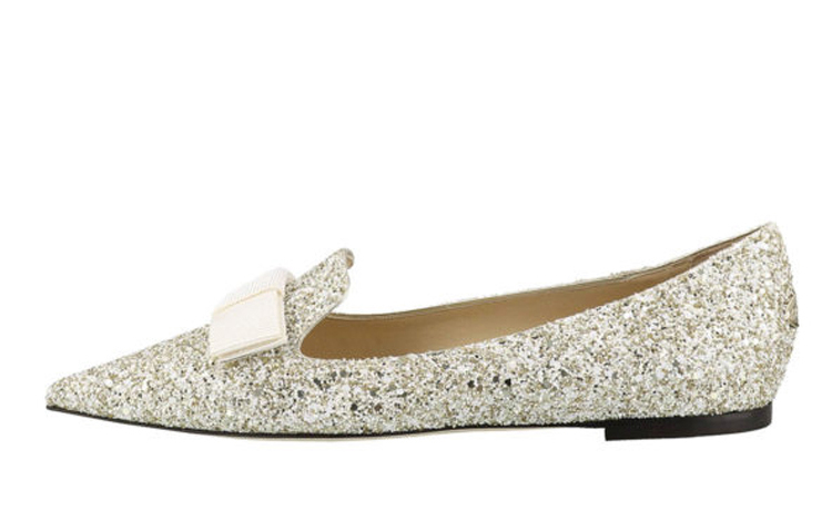 (Women) Jimmy Choo Gala Flats Moonlight Silver with White Bow Decor. GALATIT Moonlight Silver