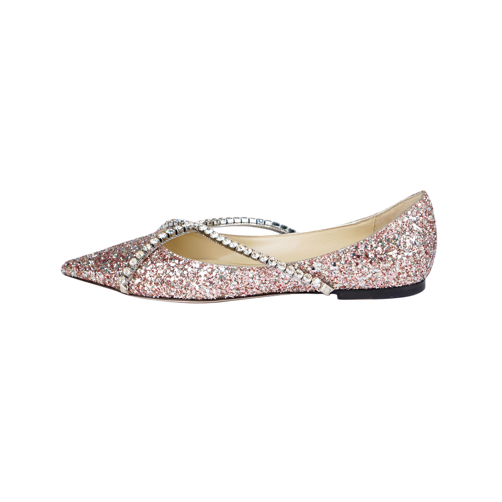(Women) Jimmy Choo Genevi Pink Glitter Pointed Flats Casual Shoes. GENEVIFLATBAO Pink