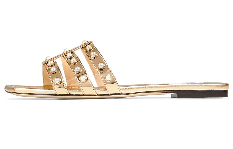 (Women) Jimmy Choo Hazal Flat Pearly Metallic Leather Slide Sandals Gold. HAZALFLATZRC Gold