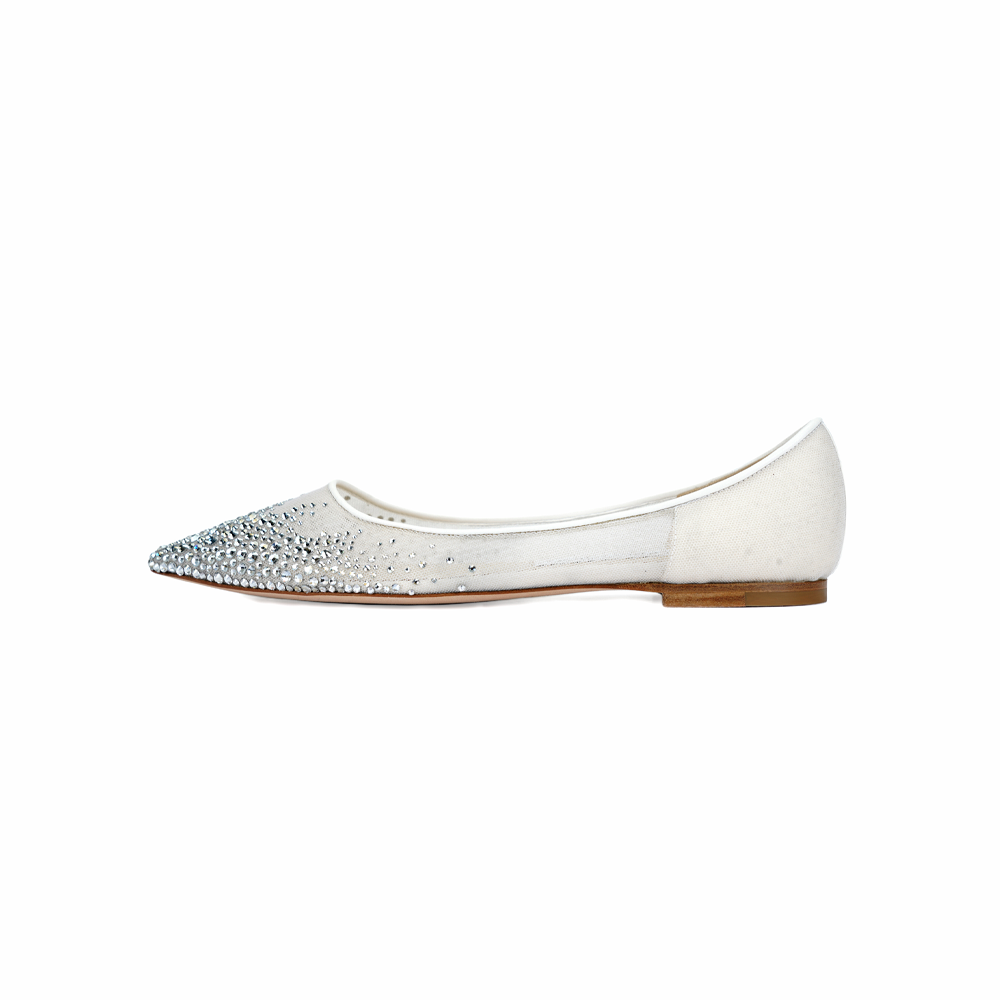 (Women) Jimmy Choo LOVE White Gradient Crystal Mesh Pointed Flat Shoes Women Casual Style LOVEFLATNYT White