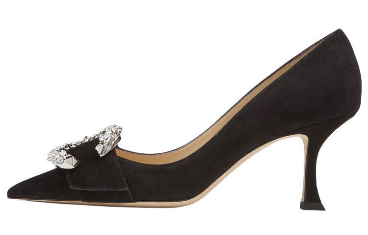 (Women) Jimmy Choo Melva Black 7cm Crystal Buckle Pointed Toe Heels for Women MELVA70UCB Black Color