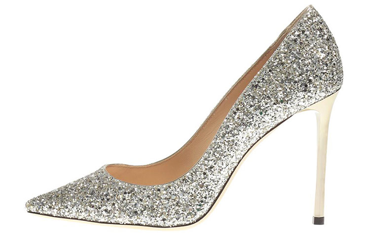 (Women) Jimmy Choo ROMY Leather Glitter Pointed-Toe Stiletto Heels 10cm Women Champagne Champagne Color ROMY100CGF