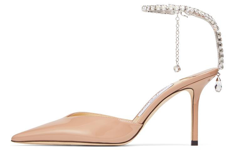 (Women) Jimmy Choo Saeda 85 Patent Leather Crystal Chain Stiletto Heels Women’s Pink SAEDA85BOB Pink Color