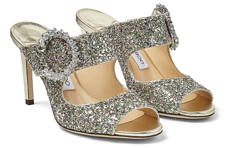 Order (W) Jimmy Choo SAF 85 ''Kain Glitter Kasar Tumit Tinggi Selipar Perak'' SAF85CGF