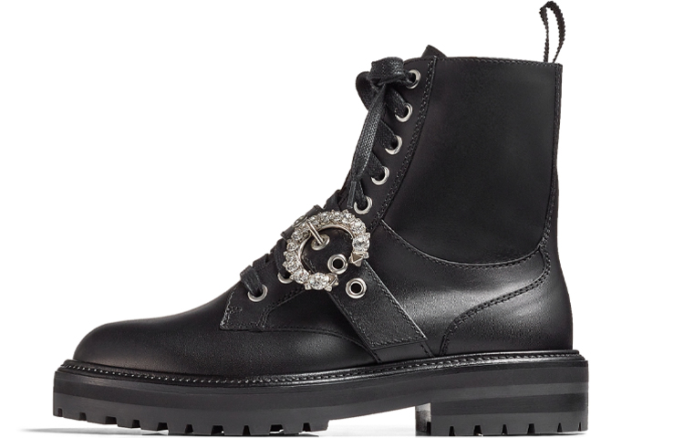 (Women) Jimmy Choo Soft Calfskin Military Boot with Crystal Buckle 'Black' CORAFLATCRYSTALZXX/BLACK