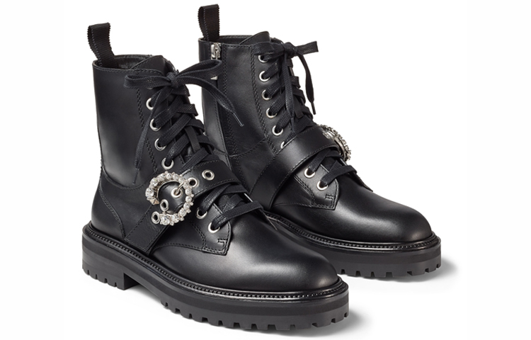 Order (W) Bota Militar Jimmy Choo de Piel Suave con Hebilla de Cristal 'Negro' CORAFLATCRYSTALZXX/BLACK