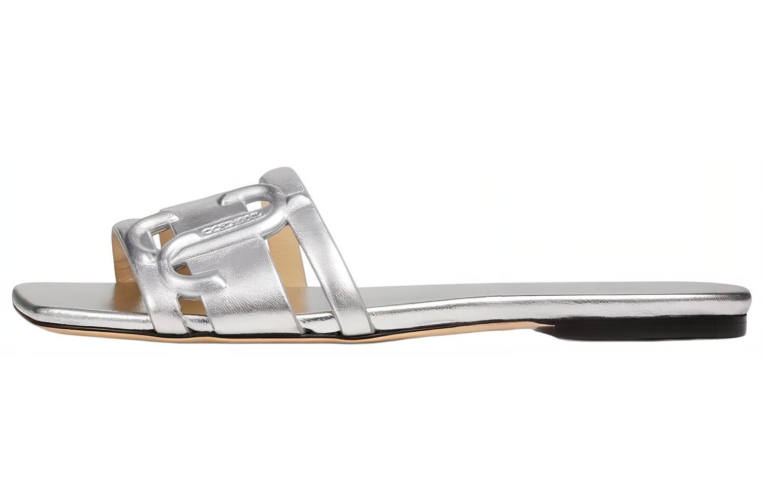 (Women) Jimmy Choo Square Toe Slip-On Sandals Women’s Silver LARANFLATTNM Silver