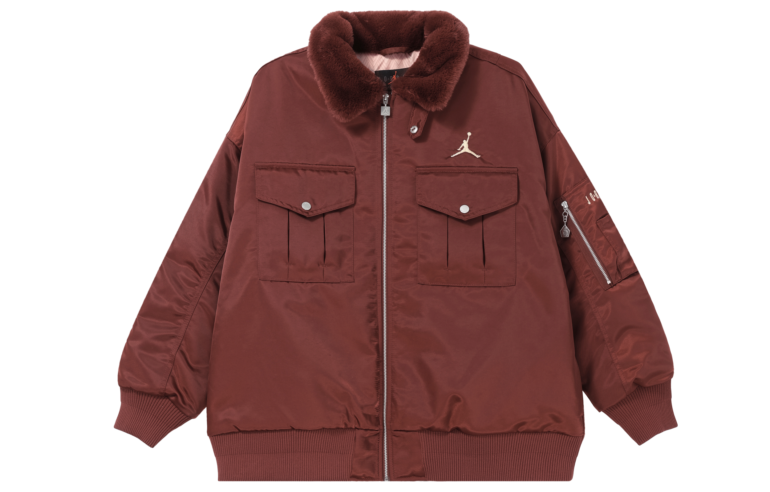 (Women) Jordan  Burgundy Outdoor Multi-Pocket Flight Jacket with Back Graphic Design. FZ6449-619