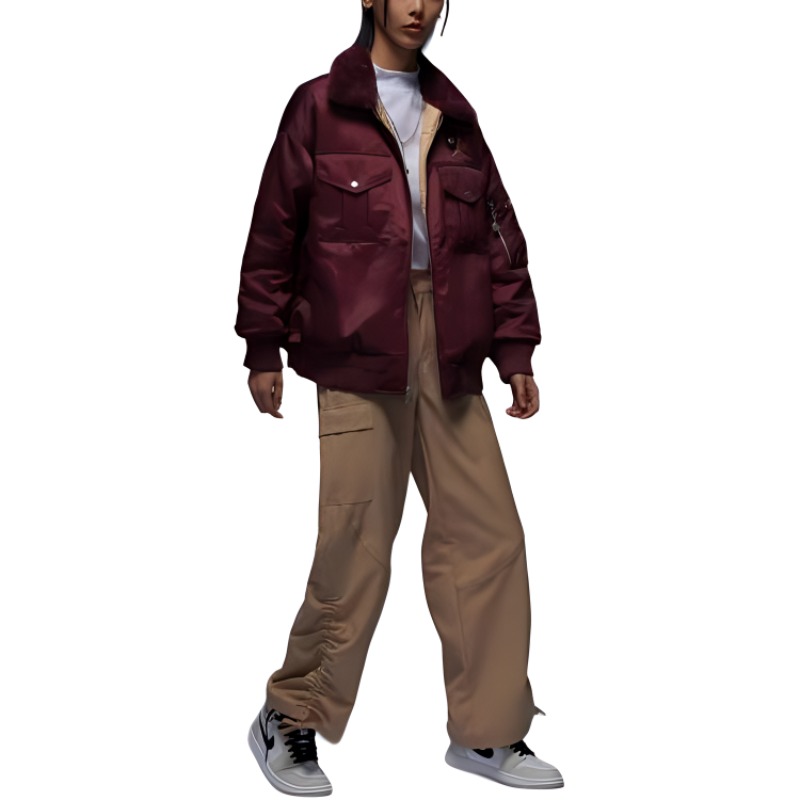 Details for (W) 乔丹酒红户外多口袋飞行夹克背部图案设计. FZ6449-619