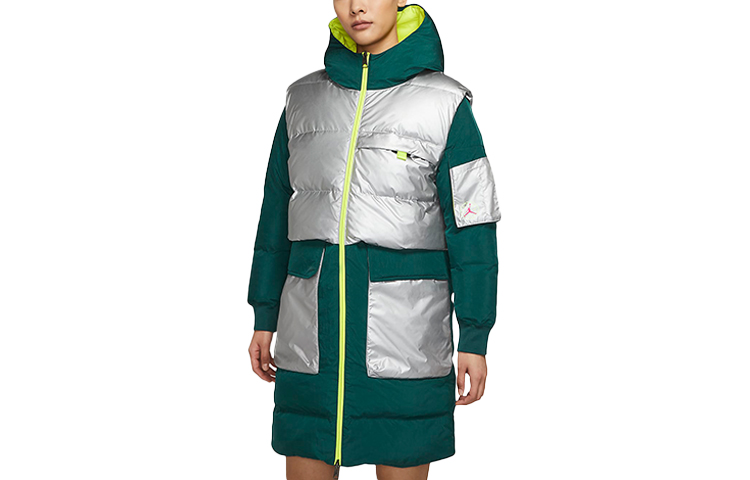 (Women) Jordan Green Colorblock Mid-Length Down Jacket Winter CV2561-300
