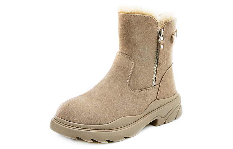 (Women) Joy&Mario Joy Mary Leather Thick-Soled Zipper Snow Boots Khaki Warm Lined 2X6817W Khaki Color