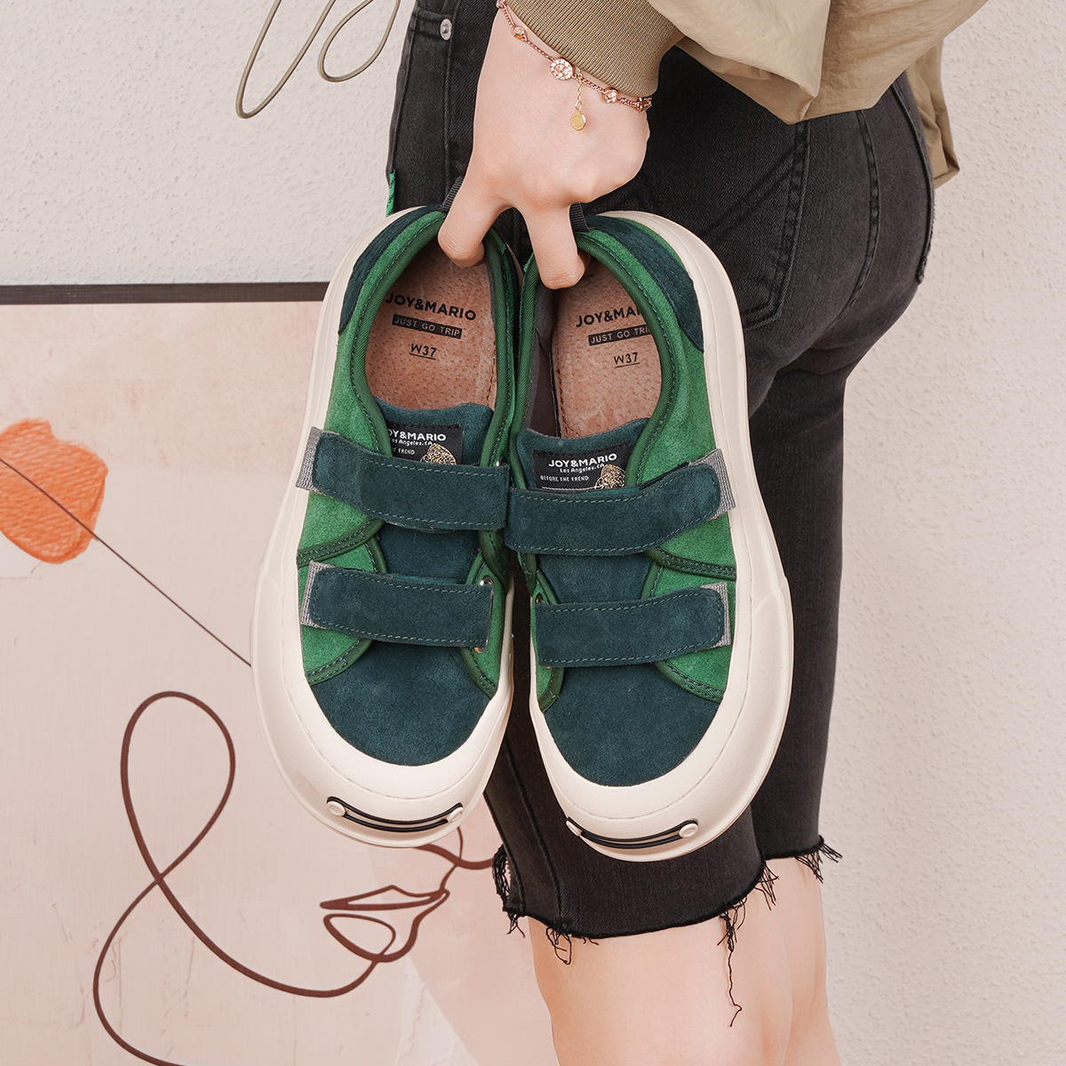 Details for 快樂瑪麗Joy&Mario 絨面革 復古魔術貼百搭 低幫 板鞋 3.5cm 女款