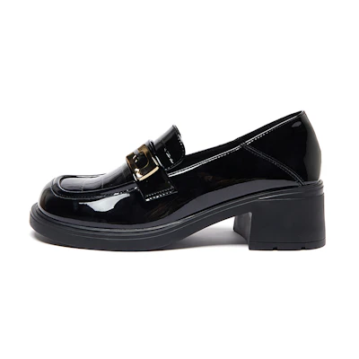 (W) Joy&Mario Synthetic Patent Leather Glossy Metallic Buckle Chunky Heel Casual Shoes 'Versatile Black'
